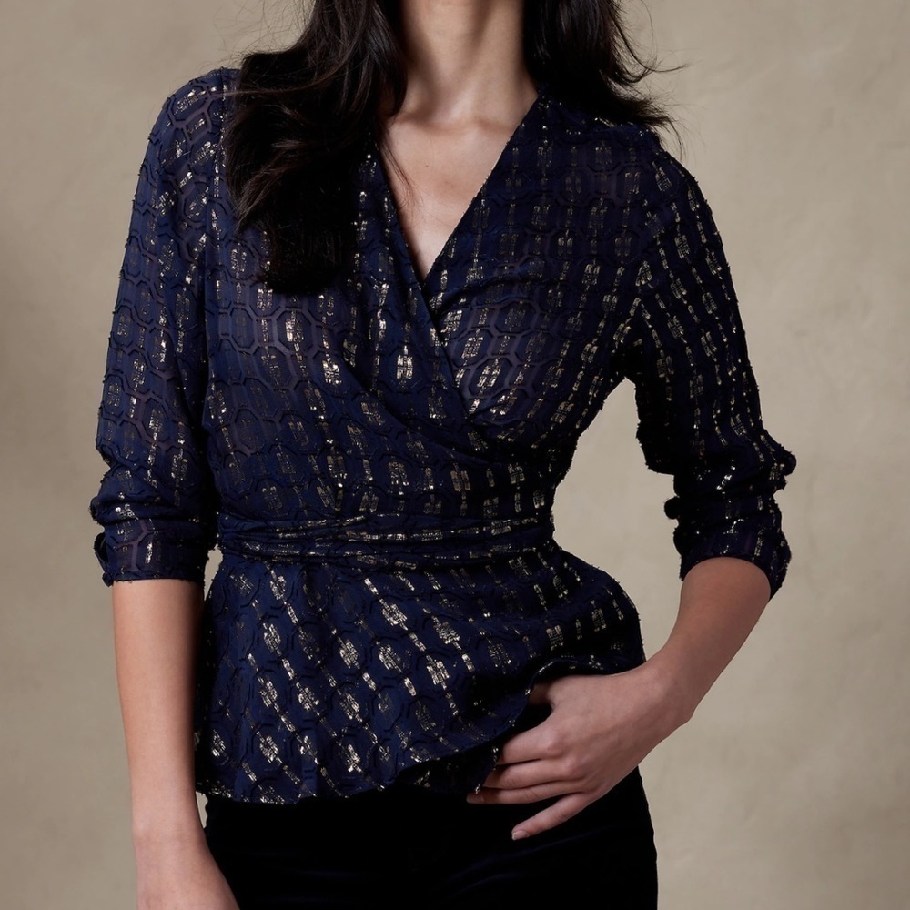 NWT Banana Republic Navy Aida Jacquard Wrap Top Size XXL​​​​​​​​ - Picture 2 of 4